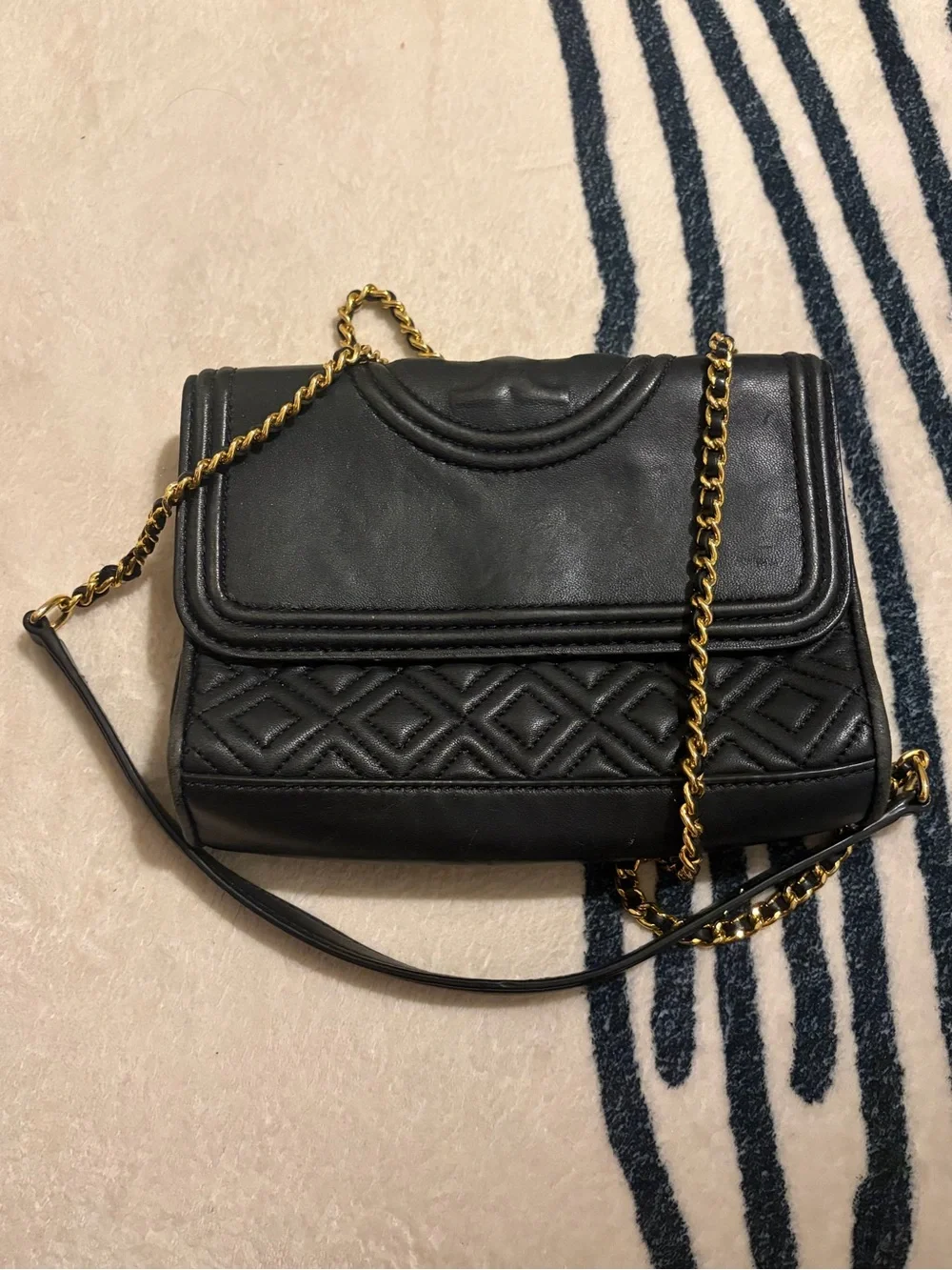 Tory Burch Black Quilted Leather Crossbody with Gold Chain